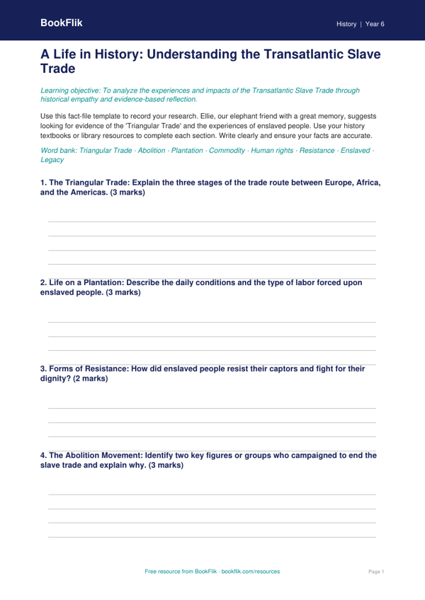 Free Slavery Template | Grade 5 | History | BookFlik
