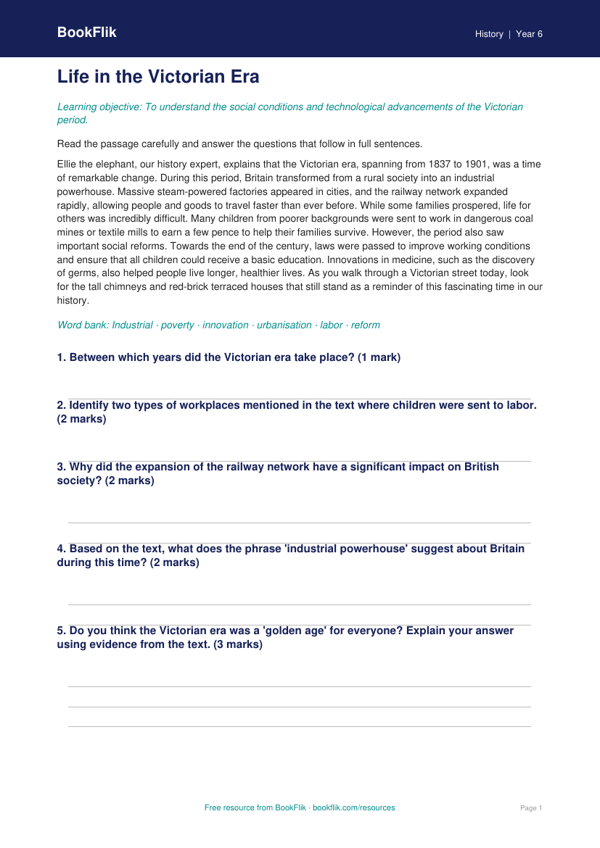Free Victorians Comprehension | Grade 5 | History | BookFlik