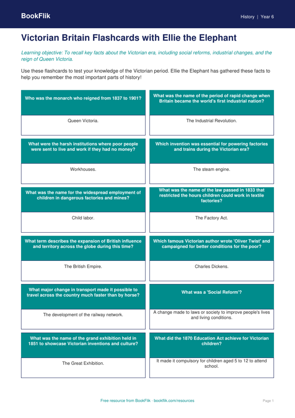 Free Victorians Flashcards | Grade 5 | History | BookFlik