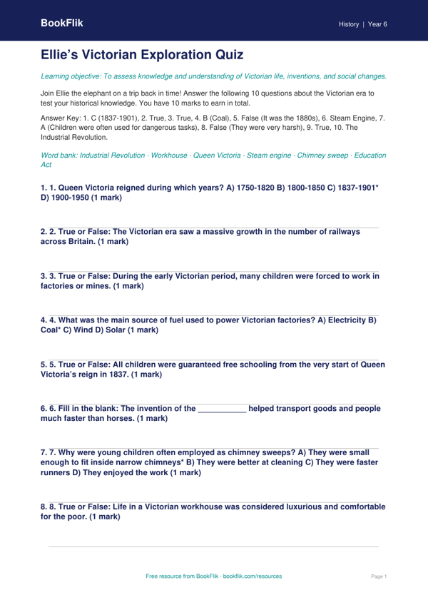 Free Victorians Quiz | Grade 5 | History | BookFlik