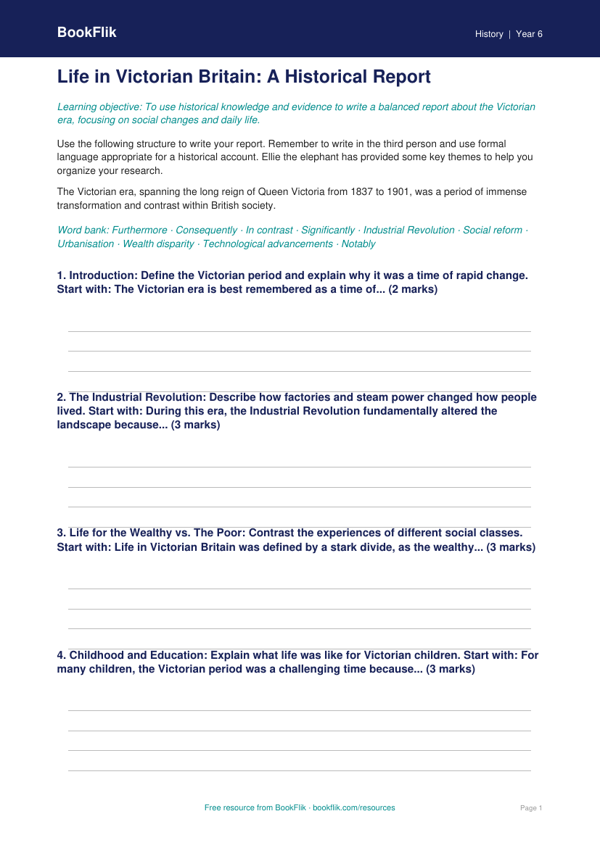 Free Victorians Writing Frame | Grade 5 | History | BookFlik