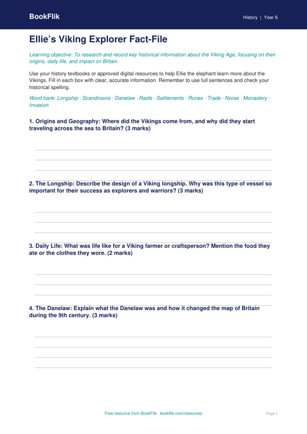Free Vikings Template | Grade 5 | History | BookFlik worksheet preview — History Vikings