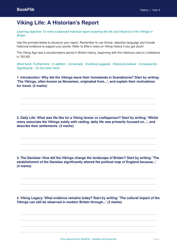 Free Vikings Writing Frame | Grade 5 | History | BookFlik worksheet preview — History Vikings
