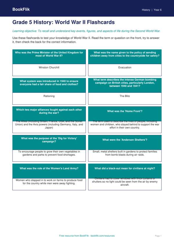 WW2 Flashcards for Grade 5 | Free History Resources | BookFlik worksheet preview — History Ww2