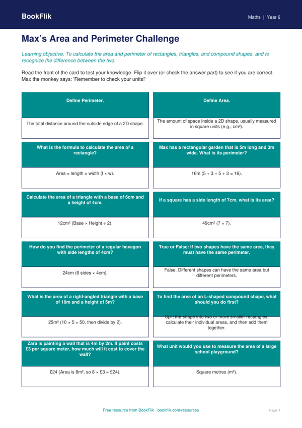 Free Area And Perimeter Flashcards | Grade 5 | Math | BookFlik