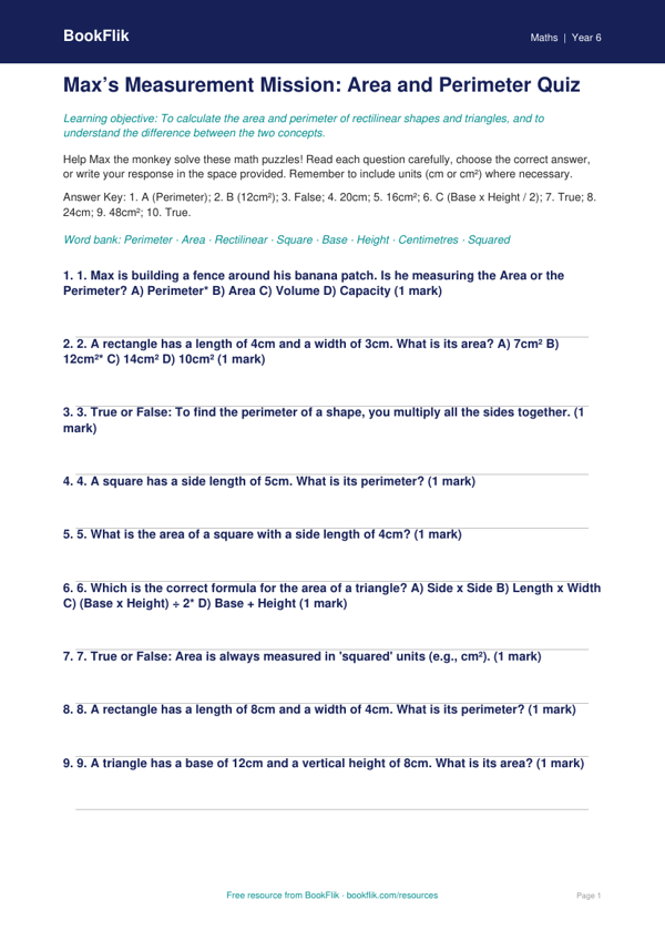Math area and perimeter quiz grade 5 core
