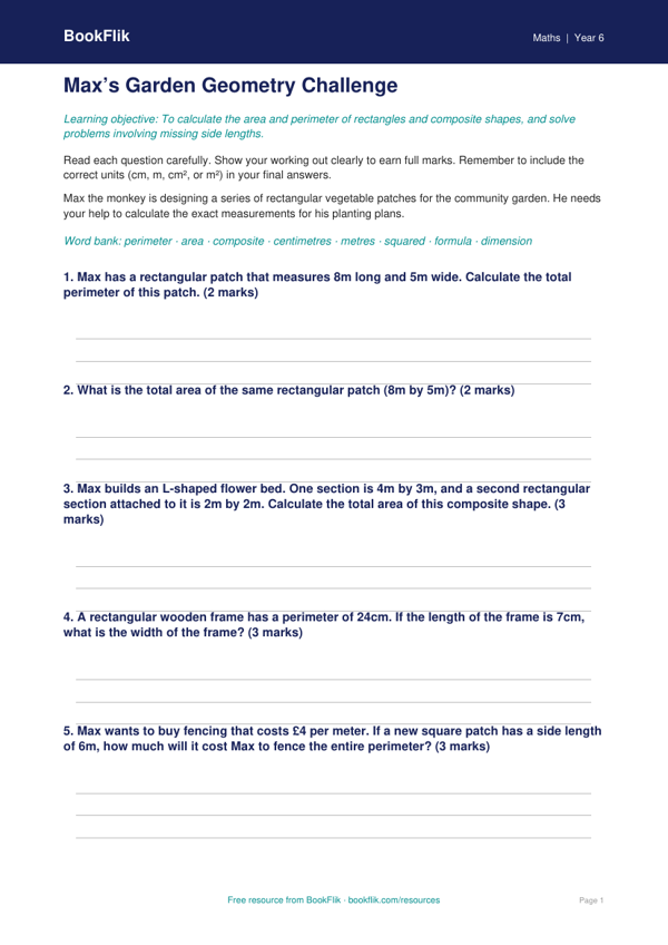 Free Area And Perimeter Worksheet | Grade 5 | Math | BookFlik