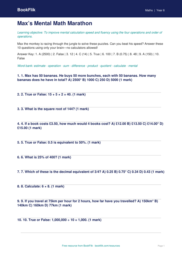 Free Mental Maths Quiz | Grade 5 | Math | BookFlik worksheet preview — Maths Mental Maths
