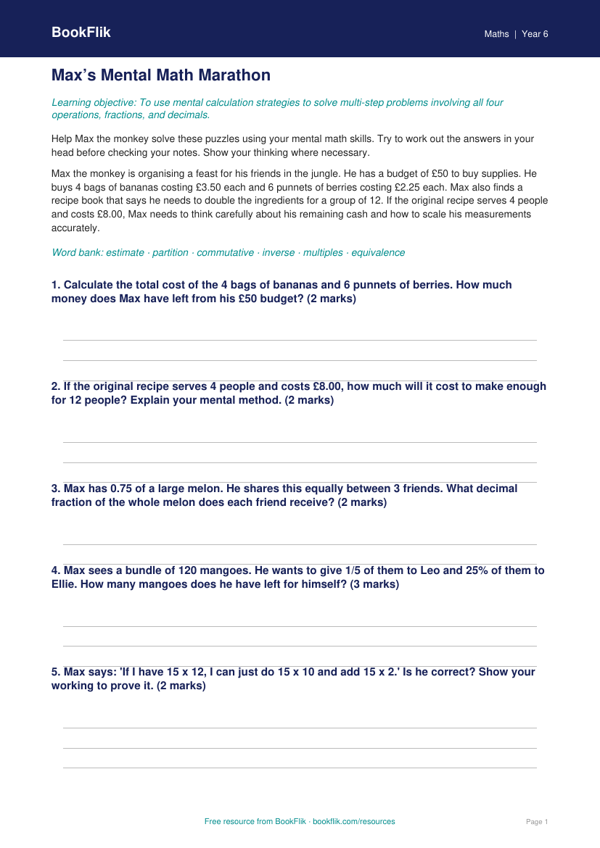 Free Mental Maths Track Sheet | Grade 5 | Math | BookFlik worksheet preview — Maths Mental Maths