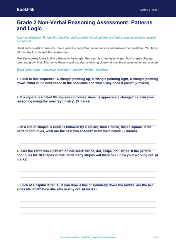 Non Verbal Reasoning Assessment Grade 2 Free | Math Practice worksheet preview — Maths Non Verbal Reasoning