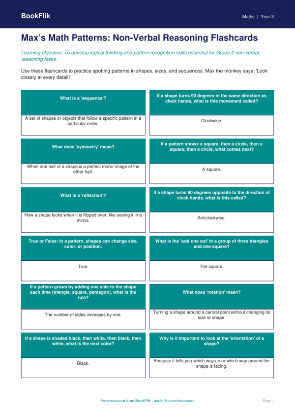 Free Non Verbal Reasoning Flashcards | Grade 2 | Math | BookFlik worksheet preview — Maths Non Verbal Reasoning