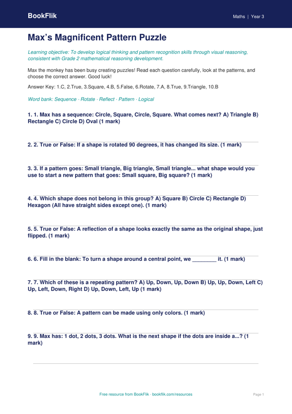 Free Non Verbal Reasoning Quiz | Grade 2 | Math | BookFlik worksheet preview — Maths Non Verbal Reasoning