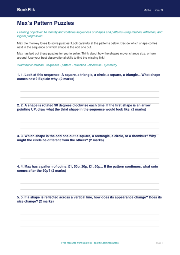 Free Non Verbal Reasoning Worksheet | Grade 2 | Math | BookFlik worksheet preview — Maths Non Verbal Reasoning
