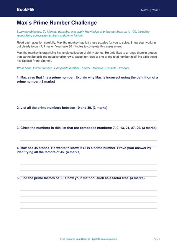 Free Prime Numbers Assessment | Grade 5 | Math | BookFlik worksheet preview — Maths Prime Numbers