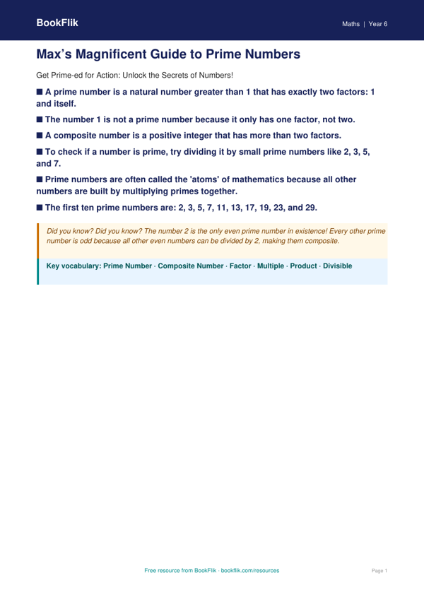 Free Prime Numbers Poster | Grade 5 | Math | BookFlik worksheet preview — Maths Prime Numbers