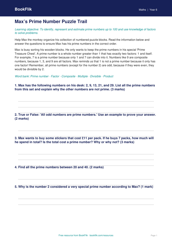 Free Prime Numbers Track Sheet | Grade 5 | Math | BookFlik worksheet preview — Maths Prime Numbers