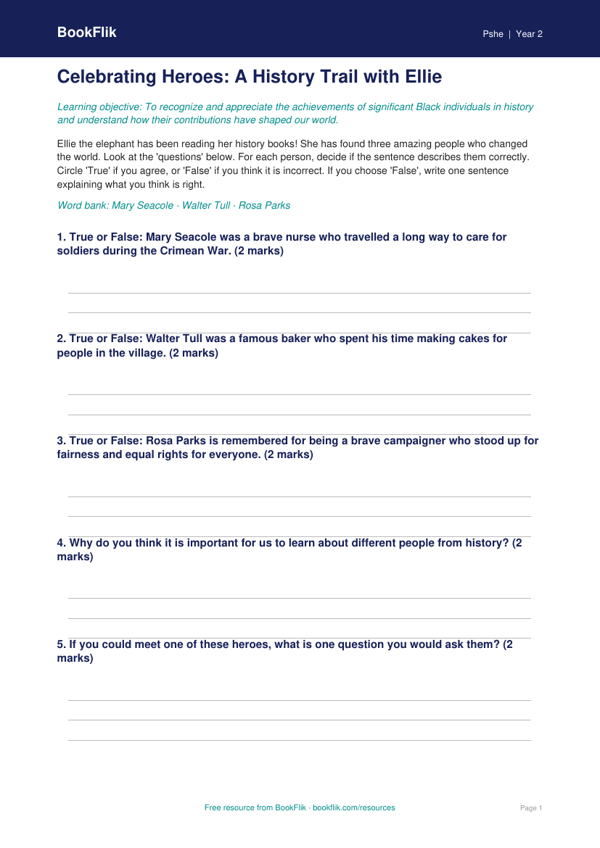 Free Black History Month Activity Sheet | Grade 1 | Health & Wellness | BookFlik worksheet preview — Pshe Black History Month