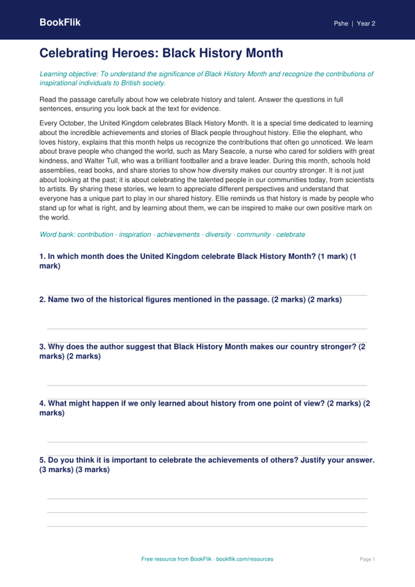 Free Black History Month Comprehension | Grade 1 | Health & Wellness | BookFlik worksheet preview — Pshe Black History Month