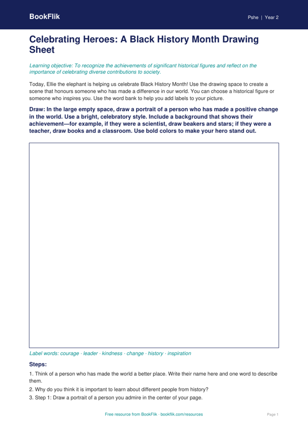 Free Black History Month Drawing Sheet | Grade 1 | Health & Wellness | BookFlik worksheet preview — Pshe Black History Month