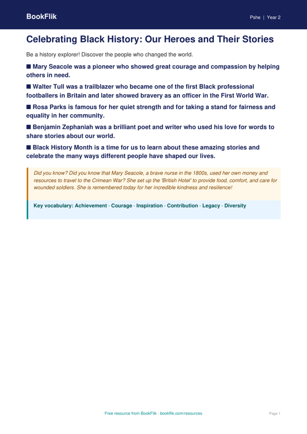 Free Black History Month Poster | Grade 1 | Health & Wellness | BookFlik worksheet preview — Pshe Black History Month