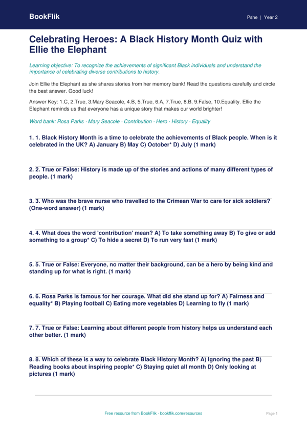Free Black History Month Quiz | Grade 1 | Health & Wellness | BookFlik worksheet preview — Pshe Black History Month