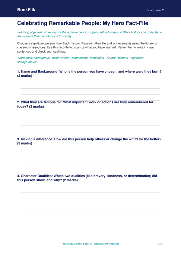 Free Black History Month Template | Grade 1 | Health & Wellness | BookFlik worksheet preview — Pshe Black History Month