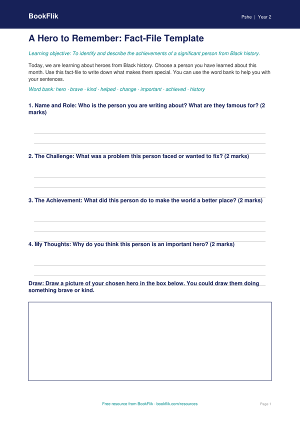 Free Black History Month Template | Grade 1 | Health & Wellness | BookFlik worksheet preview — Pshe Black History Month