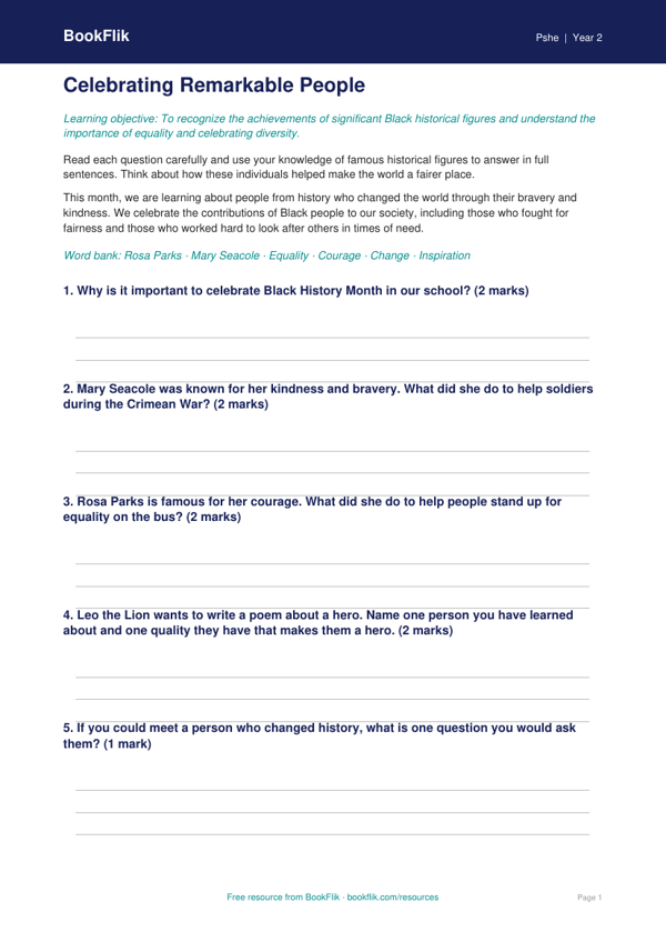 Free Black History Month Worksheet | Grade 1 | Health & Wellness | BookFlik worksheet preview — Pshe Black History Month