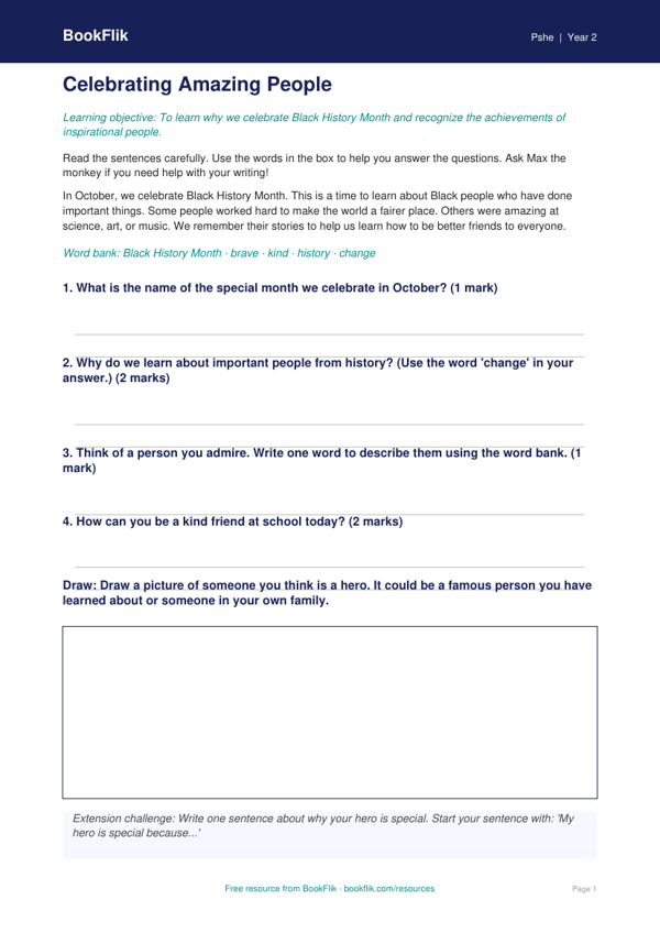 Free Black History Month Worksheet | Grade 1 | Health & Wellness | BookFlik worksheet preview — Pshe Black History Month