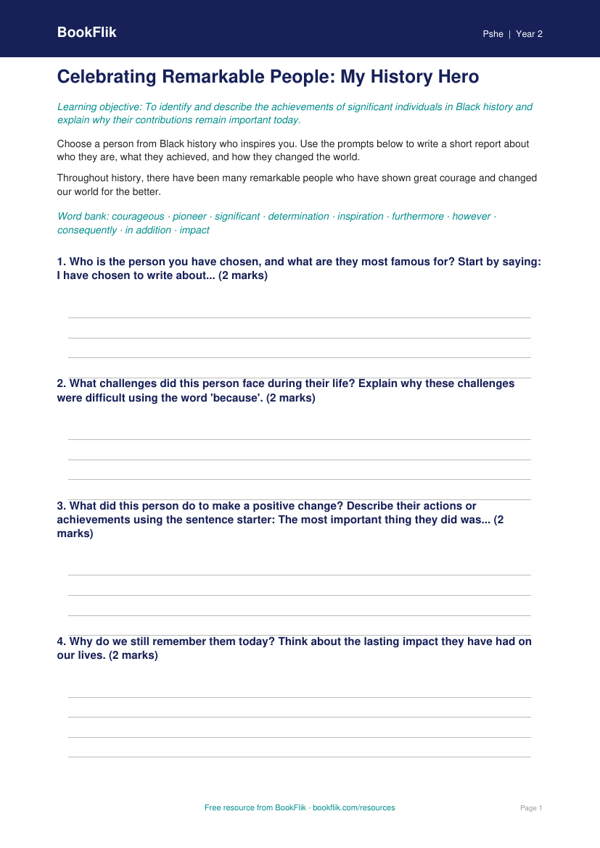 Free Black History Month Writing Frame | Grade 1 | Health & Wellness | BookFlik worksheet preview — Pshe Black History Month