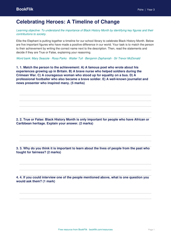 Free Black History Month Activity Sheet | Grade 2 | Health & Wellness | BookFlik worksheet preview — Pshe Black History Month
