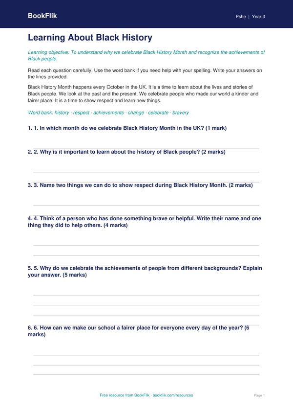 Free Black History Month Assessment | Grade 2 | Health & Wellness | BookFlik worksheet preview — Pshe Black History Month