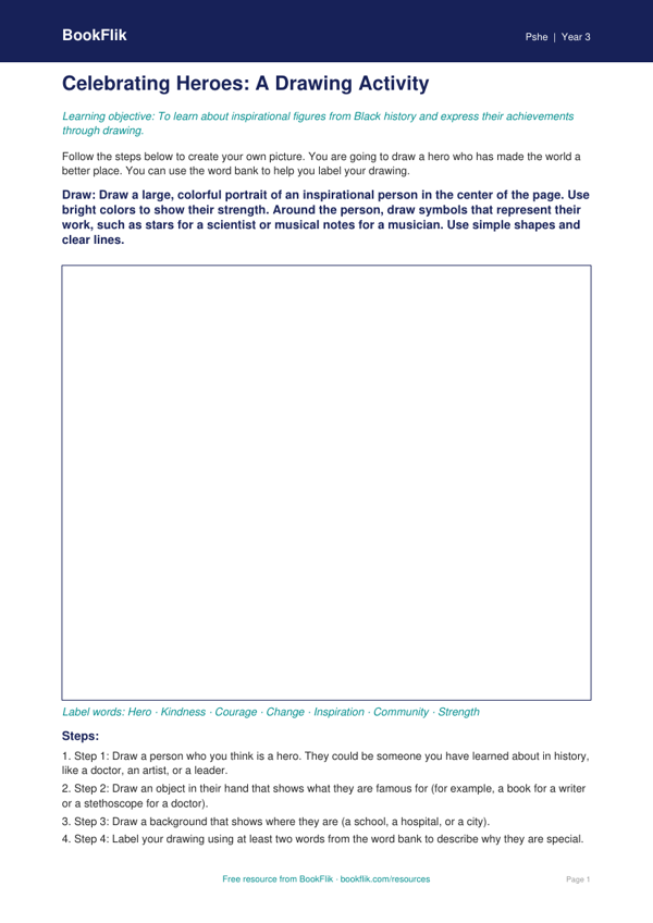 Free Black History Month Drawing Sheet | Grade 2 | Health & Wellness | BookFlik worksheet preview — Pshe Black History Month
