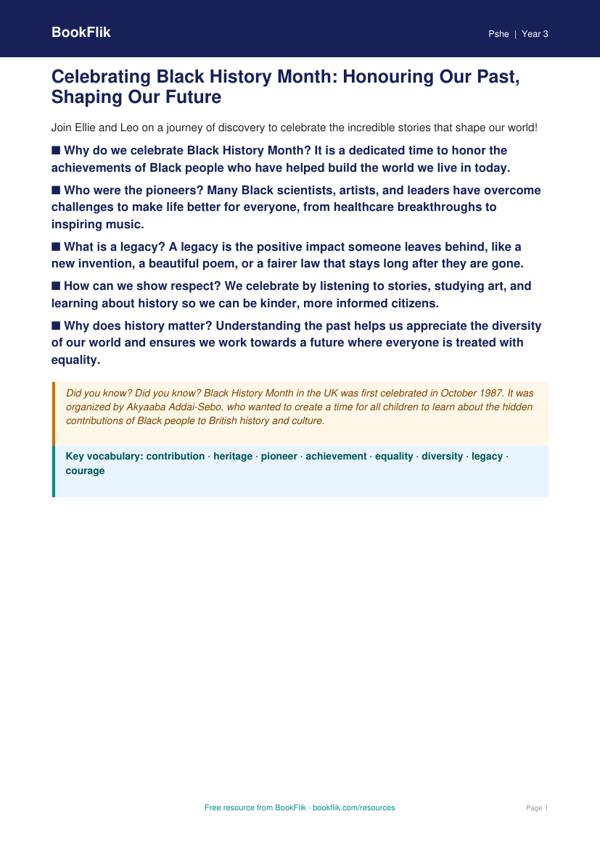 Free Black History Month Poster | Grade 2 | Health & Wellness | BookFlik worksheet preview — Pshe Black History Month