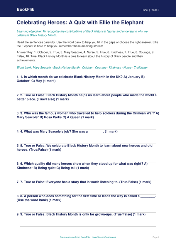Free Black History Month Quiz | Grade 2 | Health & Wellness | BookFlik worksheet preview — Pshe Black History Month