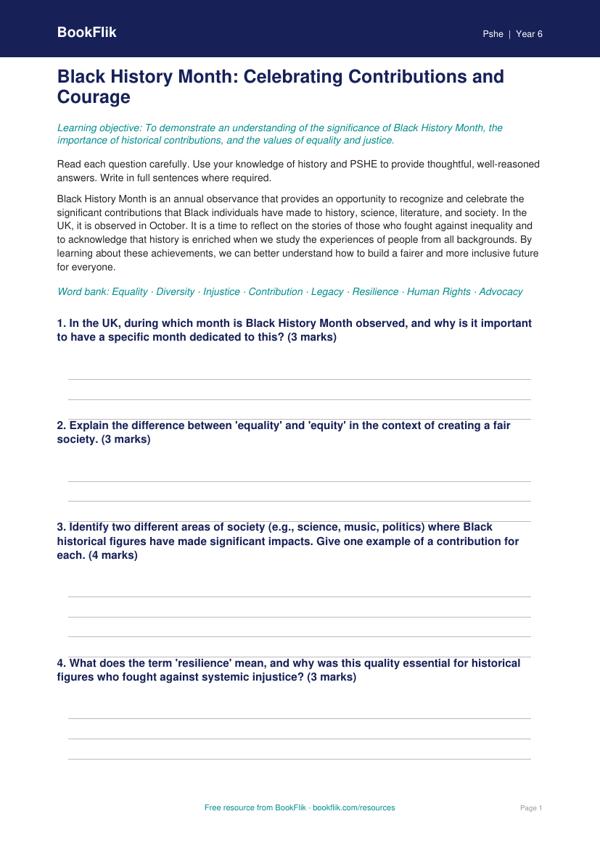 Free Black History Month Assessment | Grade 5 | Health & Wellness | BookFlik