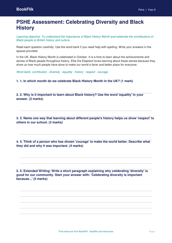 Free Black History Month Assessment | Grade 5 | Health & Wellness | BookFlik worksheet preview — Pshe Black History Month