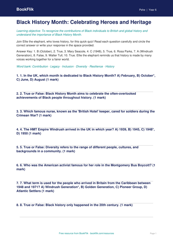 Free Black History Month Quiz | Grade 5 | Health & Wellness | BookFlik
