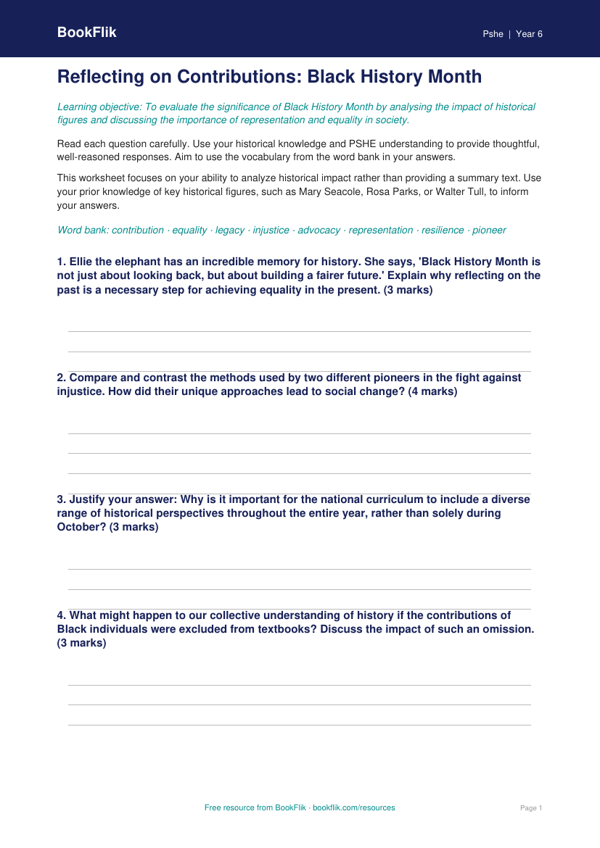 Free Black History Month Worksheet | Grade 5 | Health & Wellness | BookFlik worksheet preview — Pshe Black History Month