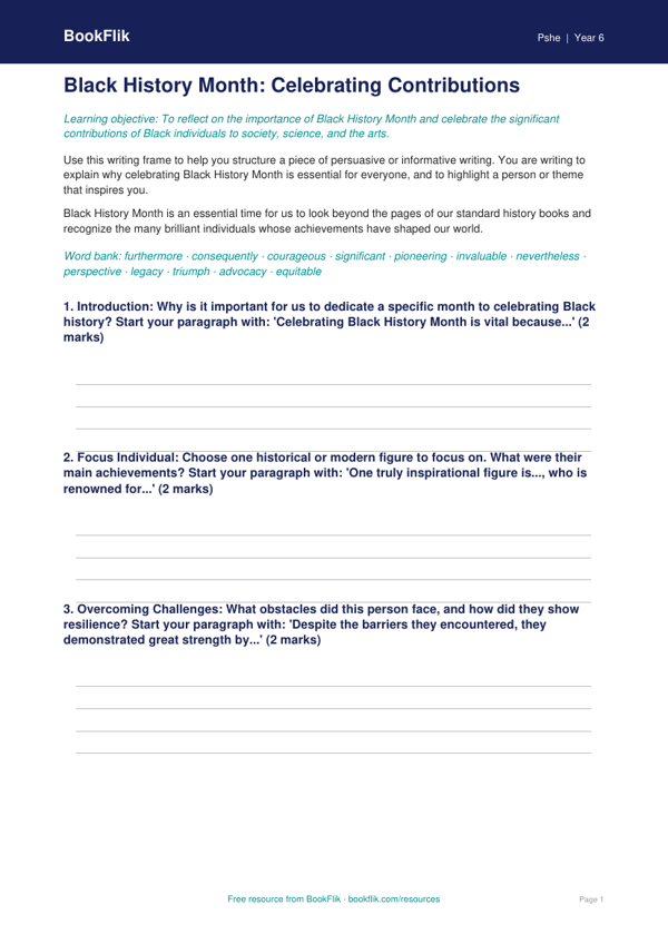 Free Black History Month Writing Frame | Grade 5 | Health & Wellness | BookFlik