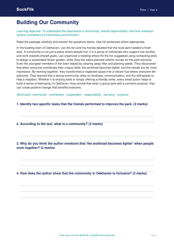 Free Community Comprehension | Grade 3 | Health & Wellness | BookFlik worksheet preview — Pshe Community