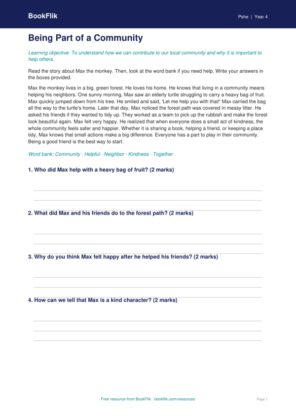 Free Community Comprehension | Grade 3 | Health & Wellness | BookFlik worksheet preview — Pshe Community