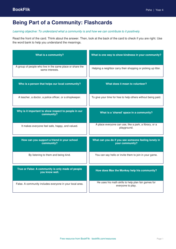 Community Helpers Flashcards | Grade 3 Health & Wellness | BookFlik worksheet preview — Pshe Community