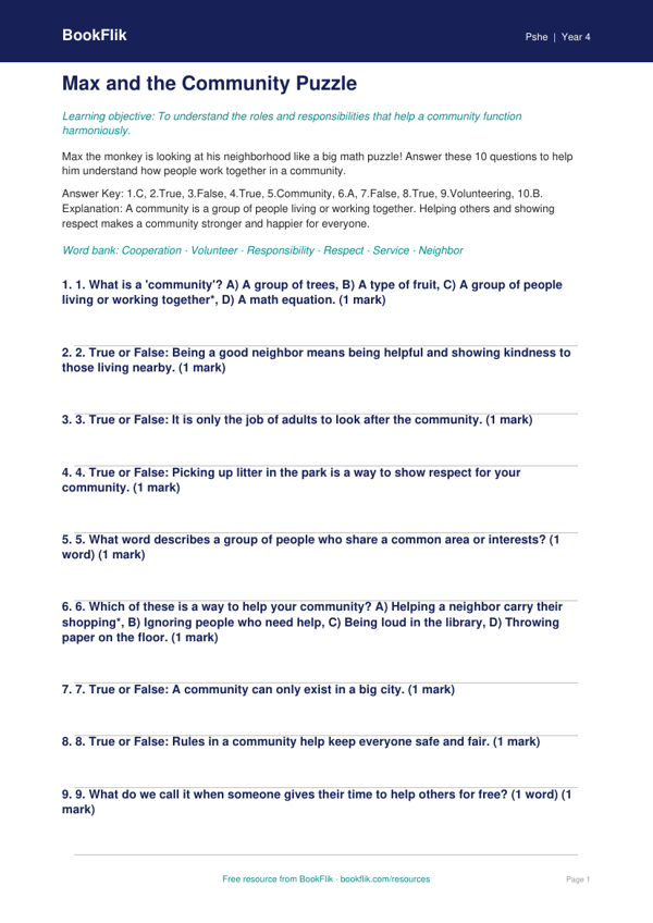 Free Community Quiz | Grade 3 | Health & Wellness | BookFlik worksheet preview — Pshe Community