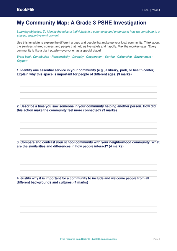 Free Community Template | Grade 3 | Health & Wellness | BookFlik worksheet preview — Pshe Community