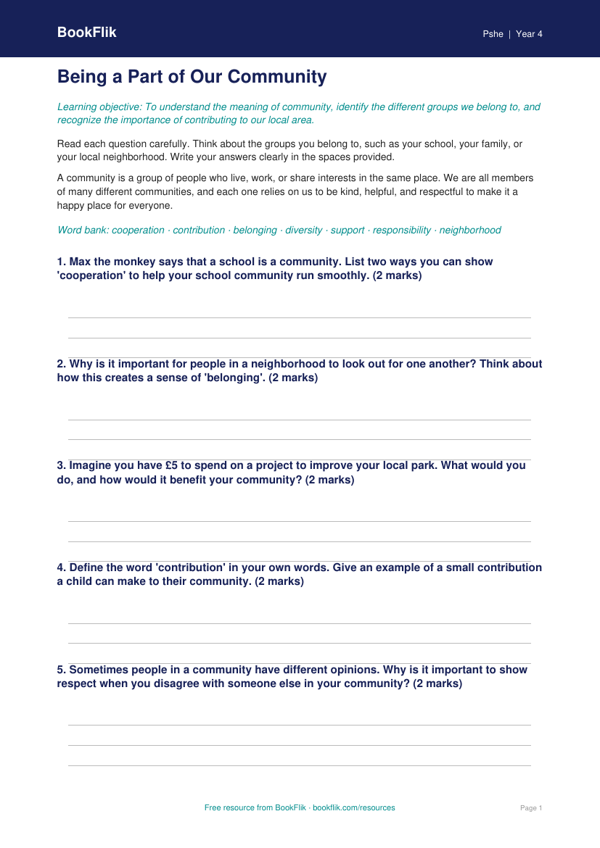 Free Community Worksheet | Grade 3 | Health & Wellness | BookFlik worksheet preview — Pshe Community