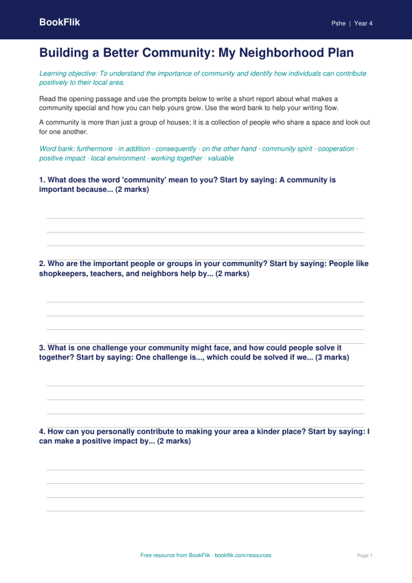 Free Community Writing Frame | Grade 3 | Health & Wellness | BookFlik worksheet preview — Pshe Community