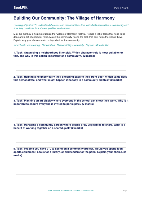 Free Community Activity Sheet | Grade 4 | Health & Wellness | BookFlik worksheet preview — Pshe Community