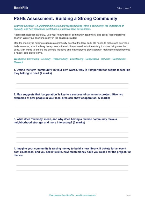 Free Community Assessment | Grade 4 | Health & Wellness | BookFlik worksheet preview — Pshe Community