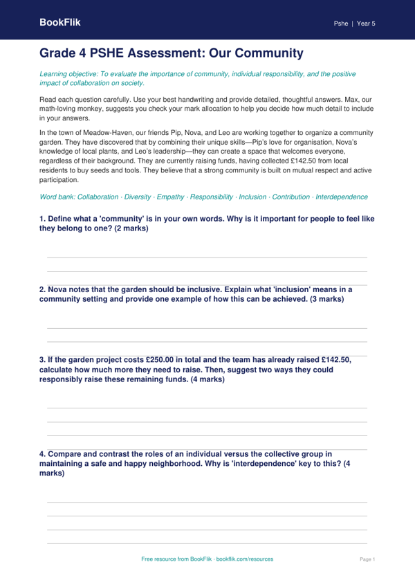 Free Community Assessment | Grade 4 | Health & Wellness | BookFlik worksheet preview — Pshe Community